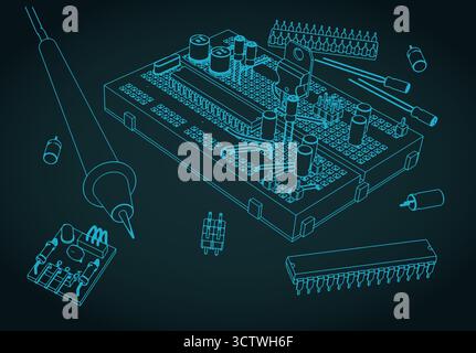 Kit de composants électroniques pour la formation des ingénieurs en électronique et les passionnés d'électronique illustration vectorielle stylisée Illustration de Vecteur