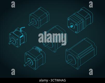 Les moteurs pas à pas définissent des dessins isométriques illustration vectorielle stylisée Illustration de Vecteur