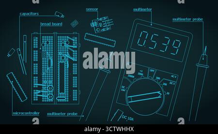 Kit de composants électroniques pour la formation des ingénieurs en électronique et les passionnés d'électronique illustration vectorielle stylisée Illustration de Vecteur
