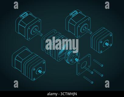 Moteur pas à pas démonté avec boîte de vitesses planétaire dessins isométriques illustration vectorielle stylisée Illustration de Vecteur