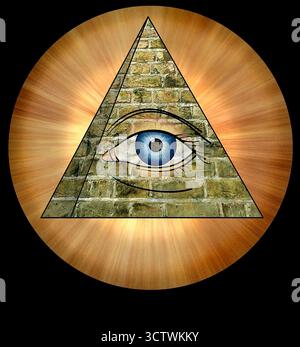 Art Eye of Providence, œil enfermé dans un triangle, entouré de rayons de lumière, représentant l'œil de Dieu, symbole maçonnique du déiste, Grand Sceau américain Banque D'Images