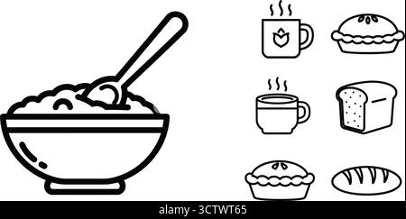 Collection d'icônes de la nourriture et des boissons du petit déjeuner, y compris un bol de céréales, café, tarte et pain Illustration de Vecteur