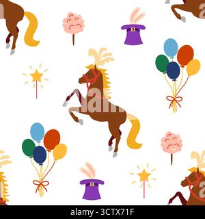 Modèle sans couture avec thème DE CIRQUE. Cheval de personnages de cirque. Style plat de dessin animé. Illustration de Vecteur