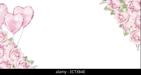 Cadre floral aquarelle avec des roses roses roses et des ballons en forme de coeur dans deux coins. Douce composition romantique parfaite pour la Saint Valentin greetin Banque D'Images