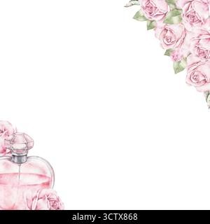 Cadre aquarelle avec des roses roses roses et bouteille de parfum en forme de coeur dans le coin. Composition florale romantique pour les cartes de voeux Saint Valentin, i Banque D'Images