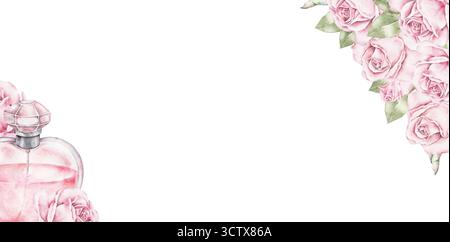 Cadre aquarelle avec des roses roses roses et bouteille de parfum en forme de coeur dans le coin. Composition florale romantique pour les cartes de voeux Saint Valentin, i Banque D'Images