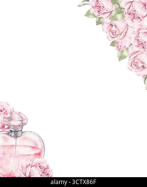 Cadre aquarelle avec des roses roses roses et bouteille de parfum en forme de coeur dans le coin. Composition florale romantique pour les cartes de voeux Saint Valentin, i Banque D'Images