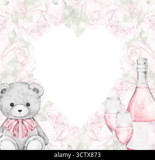 Cadre en forme de coeur aquarelle de roses roses avec ours en peluche, bouteille de champagne et verres. Composition romantique pour les cartes de Saint Valentin, affiche Banque D'Images