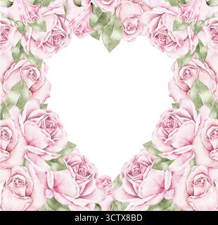 Cadre aquarelle en forme de coeur fait de roses roses et de feuilles vertes. Illustration florale romantique parfaite pour les cartes de Saint Valentin, invita de mariage Banque D'Images