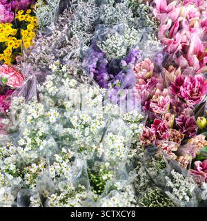 Bouquet coloré de fleurs mélangées avec chrysanthème, Gypsophila, lis et tulipes. Arrangement soigneusement enveloppé pour la vente à un marché aux fleurs. Banque D'Images