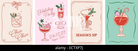 Cocktail de Noël invitations et affiches dessinées à la main Illustration de Vecteur