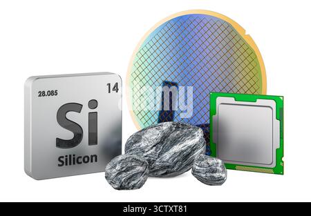 Symbole d'élément de silicium du tableau périodique, pierres de silicium brutes, plaquette de silicium bleue et processeur d'ordinateur. Rendu 3D isolé sur fond blanc Banque D'Images