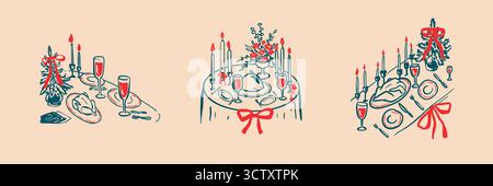 Ensemble de table pour les fêtes de Noël. Illustration vectorielle de doodle de crayon dessinée à la main. Table festive de la Saint-Sylvestre dans le style coquette. Restaurant gastronomique Illustration de Vecteur