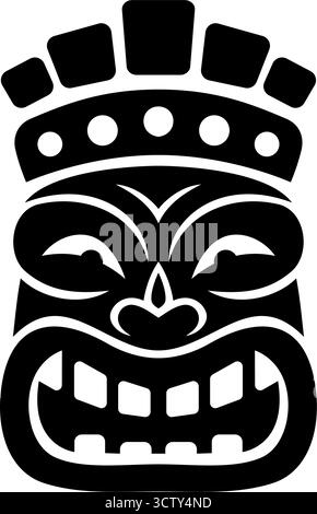 Masque tiki noir avec couronne ornementale et large sourire. Conception de visage vectoriel de style tribal polynésien pour tatouages, affiches culturelles et festival tropical Illustration de Vecteur