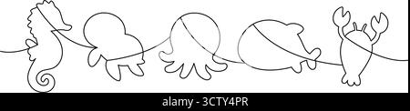 Animaux marins en ligne continue, y compris hippocampes, poulpes, poissons, raies et crabes. Silhouettes de contour minimal pour les décorations nautiques et créativ Illustration de Vecteur