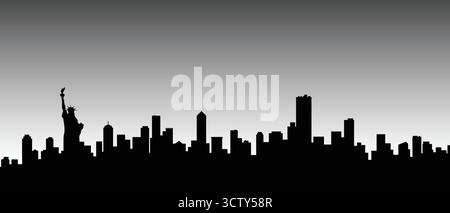 Silhouette stylisée d'un horizon urbain moderne, avec la Statue de la liberté distinctive, sur fond gris dégradé lisse Illustration de Vecteur