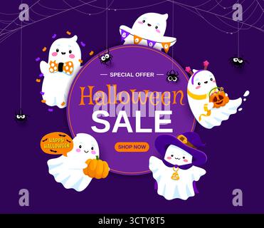 Bannière de vente d'Halloween avec de mignons fantômes kawaii Illustration de Vecteur