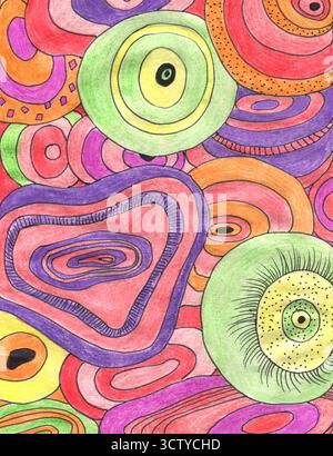 Fleurs abstraites et forme ronde dessinées avec des crayons de couleur dans un style enfantin. Fond de teinture de couleur dessiné à la main brillant, lignes courbes, points asiatiques Banque D'Images