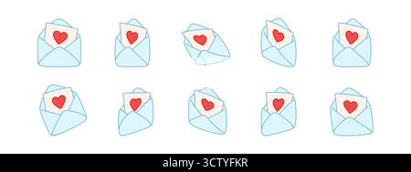 Illustration vectorielle d'enveloppe avec lettre d'amour et coeur. Ensemble enveloppe mignon montré dans différents angles et vues, parfait pour la saint-valentin, mariage Illustration de Vecteur