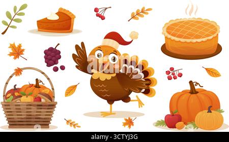 Joyeuse dinde portant chapeau entouré de tartes, fruits, citrouilles, panier, et feuilles d'automne, thème festif Illustration de Vecteur