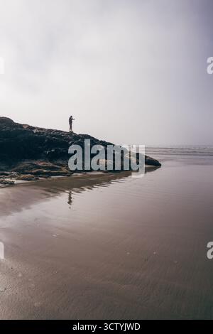Une personne se tient sur un affleurement rocheux, jetant une ligne de pêche dans les eaux calmes pendant la marée basse. Le brouillard crée une atmosphère sereine le long du rivage. Banque D'Images