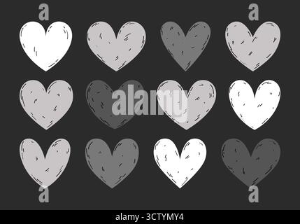 Ensemble vintage de coeurs de bande dessinée de différentes formes. Illustrations mignonnes dans des tons gris et blancs, complétées par des contours graphiques. Décor dessiné à la main. Banque D'Images