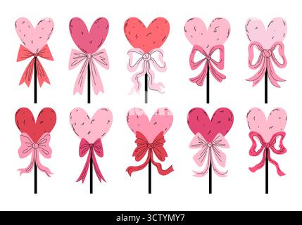Mignon ensemble de sucettes roses en forme de coeur. Illustrations de décor vintage pour la Saint-Valentin, jour des femmes, vacances, mariage. Féminité, romance, amour. Banque D'Images