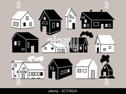 Diverses petites et minuscules maisons en noir et blanc de différentes formes, tailles et angles dans le style comique de bande dessinée. Illustrations créatives dessinées à la main maisons. Banque D'Images
