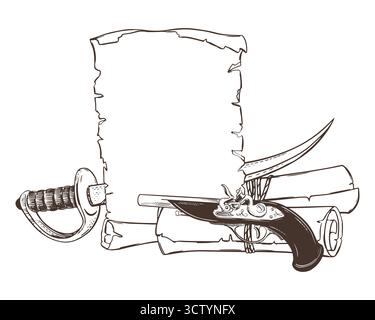 Croquis vectoriel de la vieille feuille de papier et des défilements roulés dans un rouleau. Pistolet sabre et sifflet. Armes de pirates. Modèle vide pour le texte, voulu. Dessin linéaire à l'encre de l'épée large et des armes à feu Corsair. Illustration de Vecteur