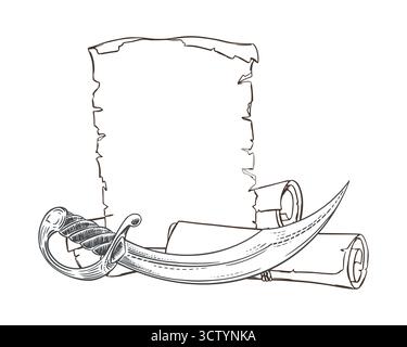 Croquis vectoriel de la vieille feuille de papier et des défilements enroulés. Sabre Pirate arme. Modèle vide pour le texte, obligatoire. Dessin linéaire à l'encre de larges épées arabes et Corsair. Imitation de gravure. Illustration de Vecteur