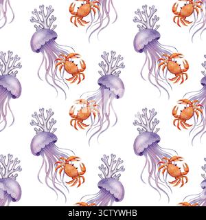 Modèle sans couture avec méduse violette, crabe orange et corail. Illustration d'aquarelle dessinée à la main. Thème marin sur fond blanc. Idéal pour le tissu Banque D'Images