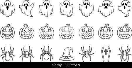Ensemble d'éléments d'Halloween, y compris fantômes, citrouilles, araignées, chapeau de sorcière et cercueil dans un style de contour Illustration de Vecteur