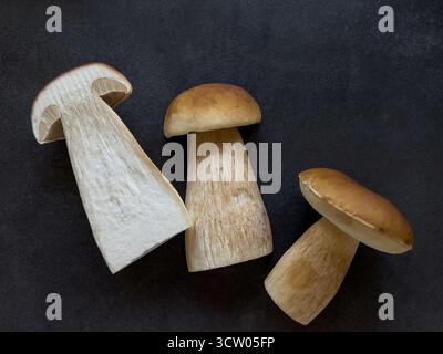 Vue de dessus de champignons boletus coupés frais sur fond de table gris Banque D'Images
