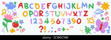 Typographie colorée avec texture crayon pour la conception d'enfants - alphabet, chiffres et griffonnages pour le matériel éducatif des enfants. Jeu de polices ludique fait à la main avec des lettres de coup de pinceau et des éléments décoratifs. Illustration de Vecteur
