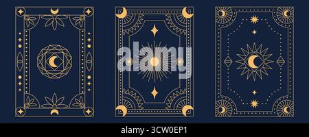 Collection de motifs célestes mystiques pour dos de cartes Tarot avec Soleil, Lune et étoiles dans des cadres dorés ornées sur fond bleu foncé Illustration de Vecteur