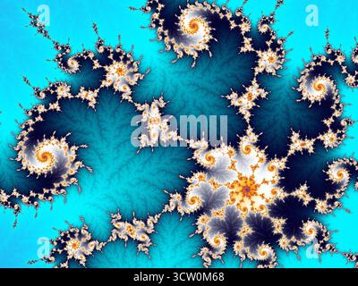 Motif abstrait fractal complexe montrant une géométrie mathématique complexe. Formes tourbillonnantes et interconnectées en turquoise, bleu et or Banque D'Images