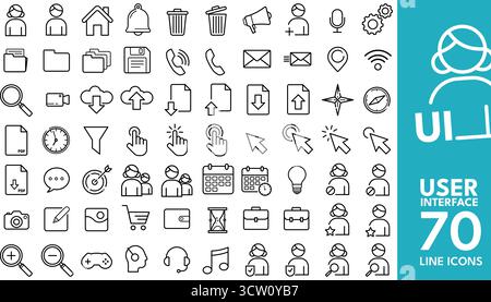 Interface utilisateur 70 Collection d'icônes de ligne Illustration de Vecteur