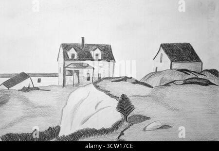 Dessin au crayon monochrome atmosphérique montrant des maisons traditionnelles nichées sur un paysage rocheux accidenté le long d'un littoral apparemment isolé illustrati Banque D'Images