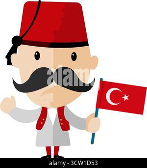 Homme de dessin animé turc avec Fès et vecteur de drapeau Illustration de Vecteur