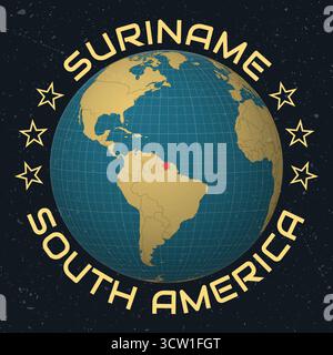 Suriname sur Globe. Texte rond du nom du pays. Look vintage avec texture grunge rayée. Illustration de Vecteur