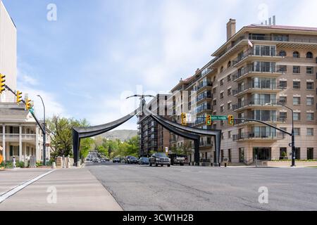 Le monument Eagle Gate à Salt Lake City, Utah, États-Unis. Banque D'Images