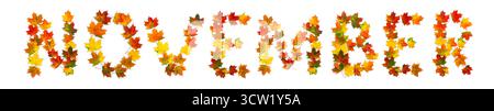 Texte lettré de novembre de feuilles d'érable automnales colorées sur fond blanc. Vue de dessus, pose à plat Banque D'Images