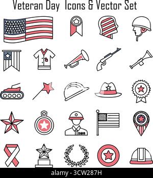 Les icônes de jour des vétérans définissent l'illustration vectorielle de la célébration militaire et des symboles patriotiques Illustration de Vecteur