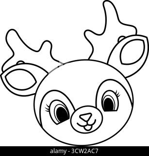 Illustration de visage de renne de dessin animé mignon. Parfait pour les pages à colorier, les dessins de Noël, les cartes de vœux, les décorations d'hiver et les illustrations pour enfants Illustration de Vecteur