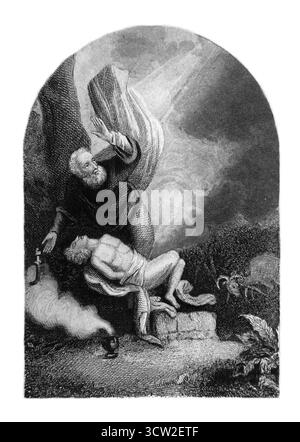 Illustration du procès de la foi d'Abraham - Abraham est resté de tuer Isaac de l'antique 19ème siècle (1851) Sainte Bible Banque D'Images