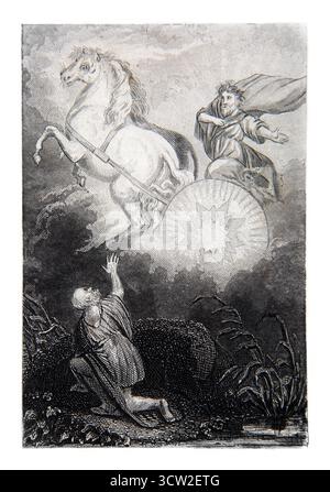 Illustration peinte à la main d'Elijah pris au ciel (2 Rois) Elisée voyant le Prophète Elijah monter dans un tourbillon au ciel dans un chariot de Banque D'Images