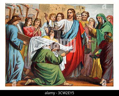 Illustration du Christ élevant le fils de la veuve Nain (Luc) du XIXe siècle lectures picturales du dimanche par le révérend William Owen volume 2 Banque D'Images