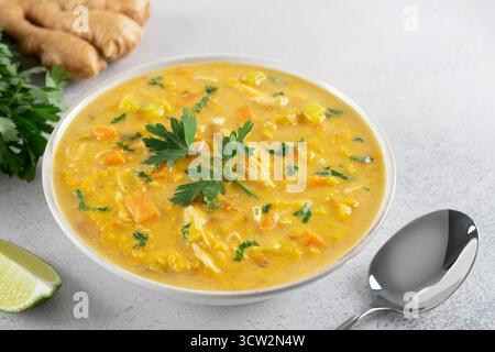 Soupe traditionnelle indienne Mulligatawny avec lentilles et poulet sur fond sombre. Vue de dessus. Banque D'Images