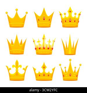 Ensemble couronnes royales. Icônes graphiques stylisées dorées. Illustration de Vecteur