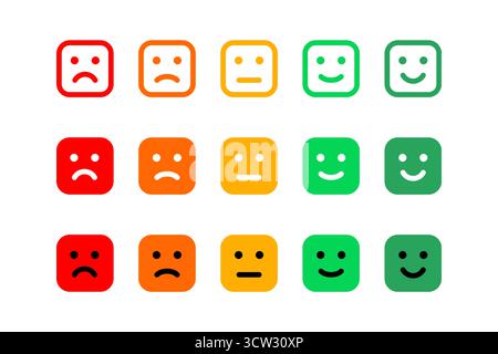 Échelle d'évaluation de satisfaction avec faces carrées de couleur. Kit d'évaluation des commentaires et des émotions des clients. Résultats de l'enquête, évaluation de la qualité et performances Illustration de Vecteur